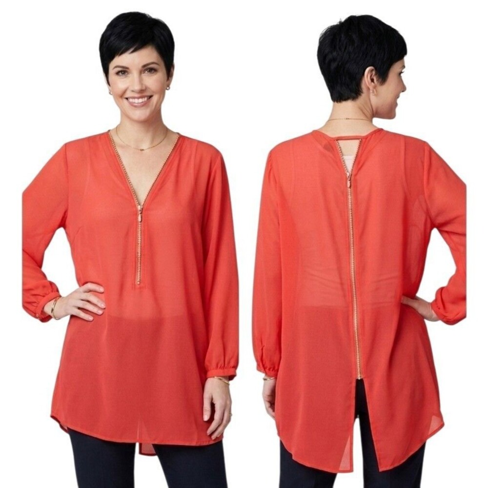 Rouge Collection womens SHEER Tunic Top 2X Orange Red Rhinestone Zippers Boho